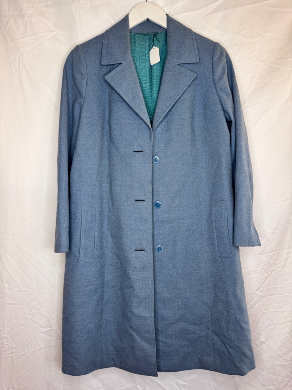 Dior Vintage Classic Blue Wool-Blend Women's Long Coat Silk Lining